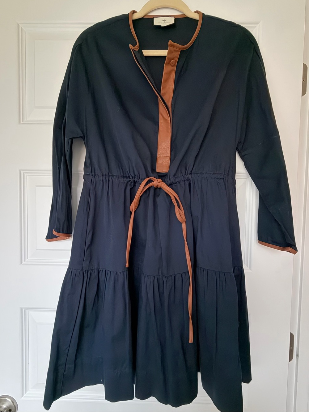 Tuckernuck Women's Navy Long-Sleeve Tie-Waist Dress with Brown Leather Trim